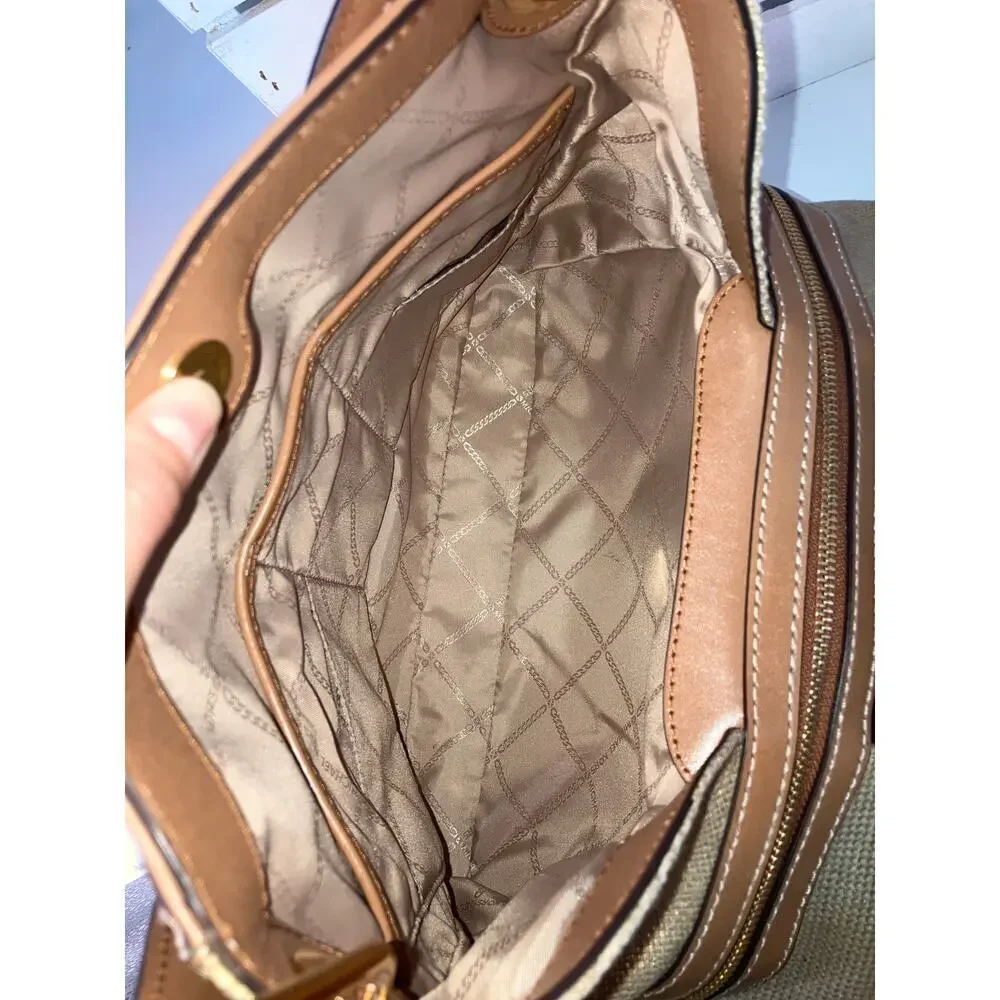 MICHAEL KORS, GOLD CANVAS, BROWN LEATHER TIM SHOULDER BAG
